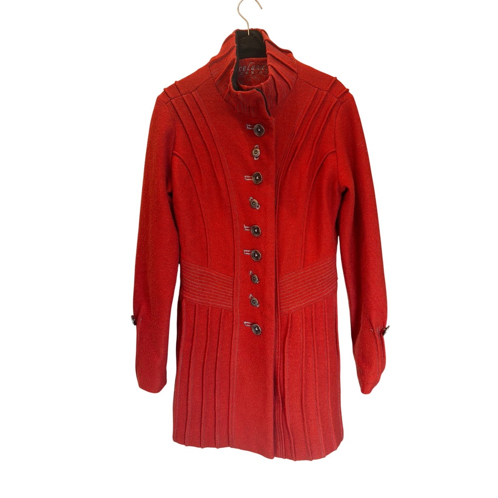 Icelandic Design Womens Red 100% Wool Longline Button Front Funnel Neck Coat S